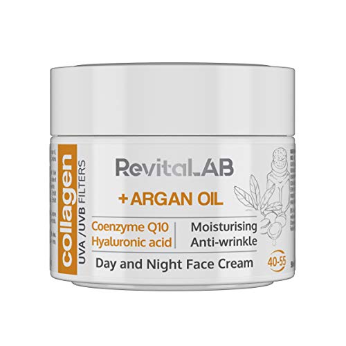 RevitaLAB - Crema hidratante antiarrugas de día y de noche con colágeno enriquecida con ácido hialurónico, Q10, aceite de argán y un filtro UVA/UVB, franja de edad 40-55, 50 ml