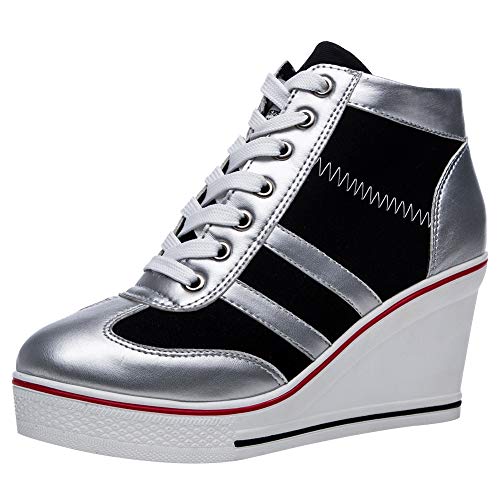rismart Mujer Tenis de Lona con Tacon Cuña Zapatillas Sneakers Plataforma Alta Altos Zapatos SN02513(Plateado,37 EU)