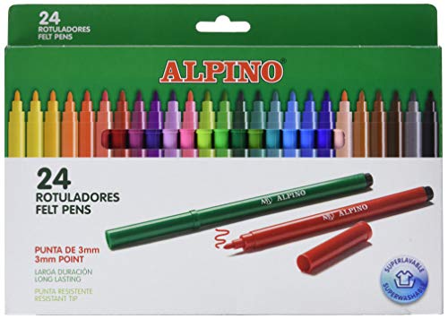 Rotuladores Alpino Coloring para Niños - Estuche de 24 Colores con Punta Fina 3mm - Tinta Lavable - Perfecto para Manualidades, Pintar Mandalas o Material Escolar