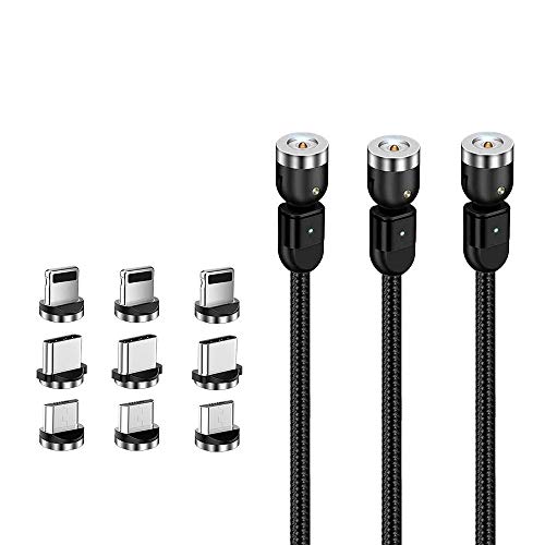 Ruibo Sike 540 Degree 3 en 1 Magnetic Charger Cable (3 Cable de 1,6 ft+3 + 6 ft, 9 Tpis) Nylon Braided Cord Compatible con USB C Smartphone Devices (negro)
