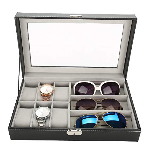 Salmue 9 Rejillas Cajas para Relojes y Gafas, Organizador para Gafas con Cerradura y Tapa de Cristal, Multifuncional Joyería Aretes Collar de la Joyería Caja de Almacenaje de la Joyería