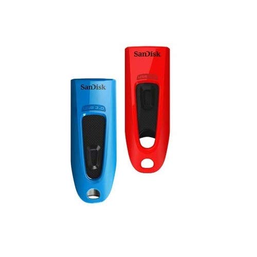 SanDisk Memoria Flash USB Ultra de 32 GB con USB 3.0 y hasta 100 MB/s de Lectura - Paquete de 2 Unidades,Rojo y Azul