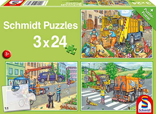 Schmidt Spiele- Carro de Basura, Coche grúa y barredora, Puzzle Infantil de 3 x 24 Piezas, Color carbón (56357)