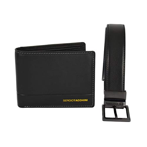 Sergio Tacchini, caja de regalo para hombre, conjunto de cinturón acortable y reversible negro y marrón y cartera de cuero genuino negro