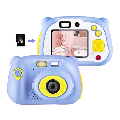 shumeifang Cámara Digital para Niños con 32GB Tarjeta TF & Acollador, 2 Objetivos Selfie 12 MP 2720P HD Video Cámaras, 2.0 Pulgada LCD Pantalla a Color, Carcasa de Silicona, Azul