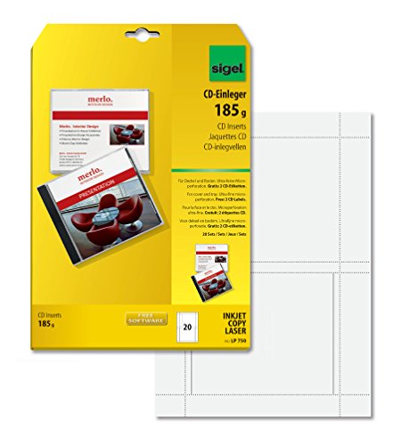 Sigel LP750 - Portadas de CD doble cara para impresoras láser e inyección de tinta (20 hojas A4 microperforadas, 185 g, incluye 2 etiquetas para CD), color blanco