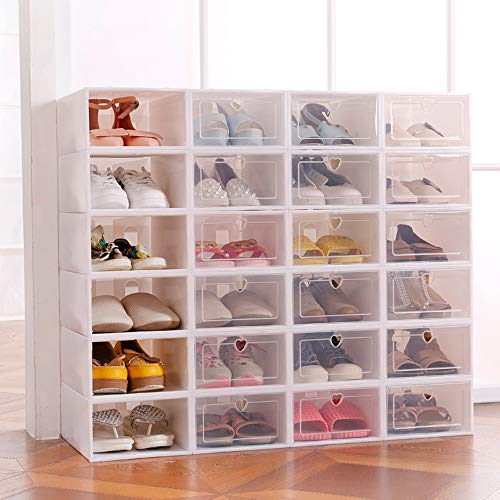 Sinbide 6 x / 12 x Cajas de Zapatos Plástico, Caja Guardar Zapatos, Calcetines, Juguetes, Cinturones para la Organización de Hogar, Oficina, Plegable, 31.5cm*21.5cm*12.5cm (Blanco, 12)