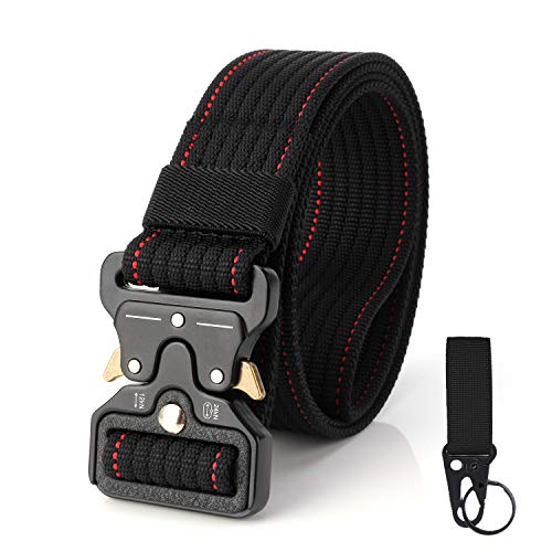 S.Lux 2 Piezas Hombres Cinturón de Lona, YKK Hebilla de Plástico Cinturón de Secado Rápido Transpirable Hipoalergénico Cinturón Recreación al aire libre Fitness Ejercicio (Negro con Línea Roja)