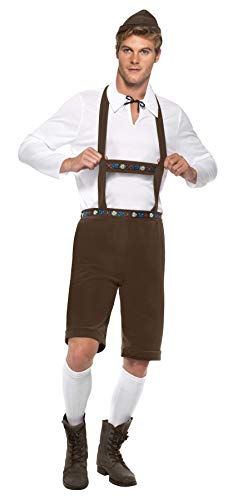 Smiffy's Smiffys-30286XL Disfraz de hombre bávaro, pantalones Lederhose con tirantes, top y gorro, color marrón, XL-Tamaño 46"-48" 30286XL