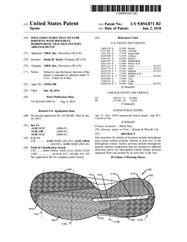 Sole structures that include portions with different herringbone traction pattern arrangements: United States Patent 9854871 (English Edition)