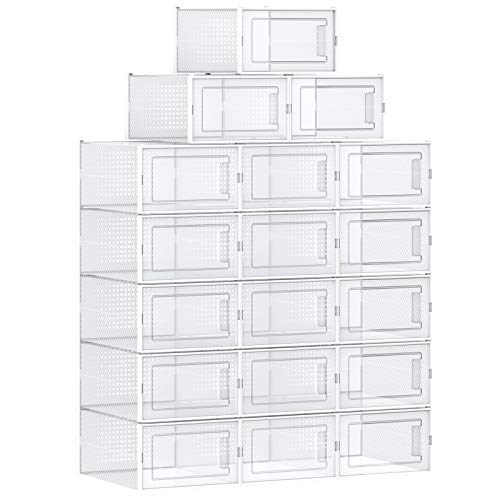 SONGMICS Cajas de Zapatos, Paquete de 18 Organizadores de Almacenamiento, Plegables y Apilables para Zapatillas hasta Talla 44, Transparente y Blanco LSP18MWT SONGMICS Cajas de Zapatos, Paquete de 18 Organizadores de Almacenamiento, Plegables y Apilables para Zapatillas hasta Talla 44, Transparente y Blanco LSP18MWT
