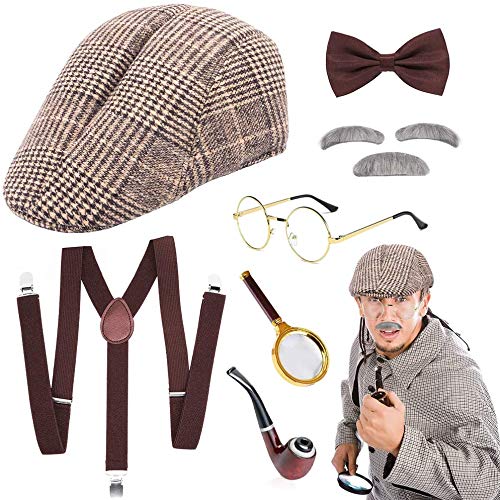 SPECOOL Sherlock Holmes Detective Kit Old Man Shack Victorian Disguise Cosplay Disfraz Disfraz Conjunto Victorian Boy Pipa de Fumar Deerstalker Sombrero Lupa Tirante Lazo Barba Gris Cejas Gafas