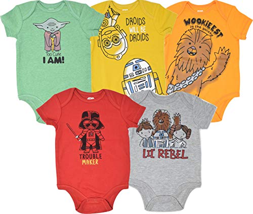 Star Wars Baby Boys 5 Pack Bodysuits Princess Leia Yoda Han Solo R2D2 C3PO 6-9 Months
