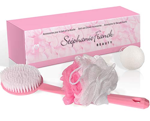 Stephanie Franck Beauty Caja exfoliante facial y corporal con cepillo de cuerpo, flor de baño para ducha y esponja Konjac para la cara (rosa)