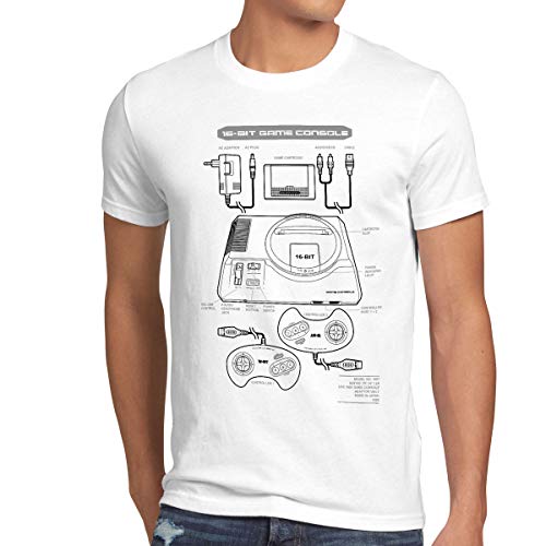 style3 Mega 16-bit Camiseta para Hombre T-Shirt Gamer Classic Retro Videoconsola Sonic Drive, Talla:L, Color:Blanco