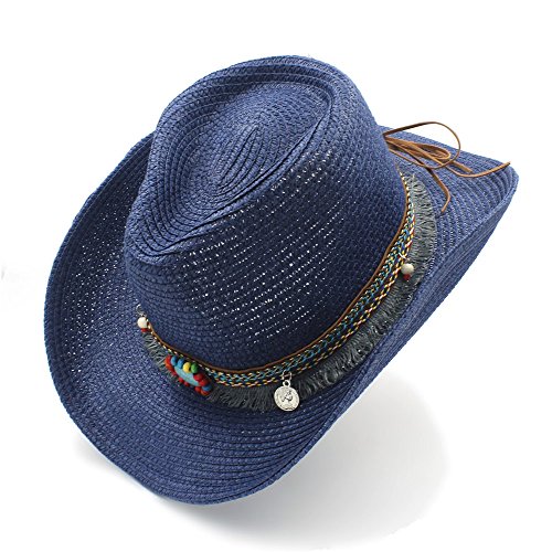 Sunny&Baby Sombrero de Cowboy/Cowgirl Occidental de Paja Hueca para Mujer de Sunhat con cinturón de Borla Estilo Bohemio 22" Moda (Color : 2, Size : 58CM)