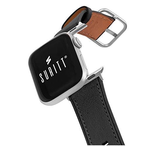 Suritt ® Correa para Apple Watch de Piel Rio (6 Colores Disponibles). 3 Colores de Hebilla y Adaptador para Elegir (Negro - Plata - Oro)(Series 6, SE, 5, 4, 3). (42mm / 44mm, Black/Silver)