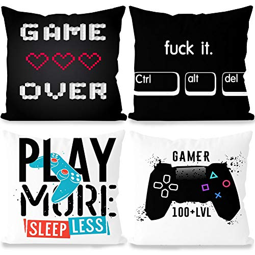 SZWL 4 Pieces Gaming Cushion Cover, Gamer Pillowcase, Video Game Cushion Covers for Gaming Fan Video Game Themed Party Sofa Bedroom Funny Novelty Gift Christmas Decor, 44 x 44cm