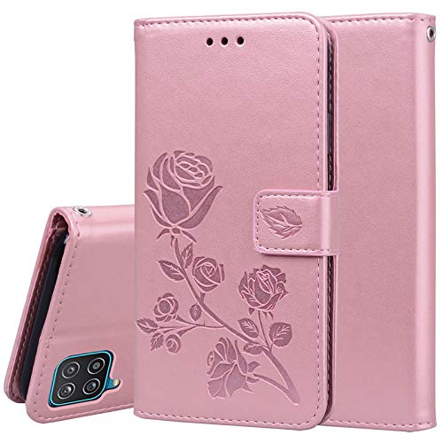 TANYO Funda Adecuado para Samsung Galaxy A12, Diseño Retro del Modelo de Flores, PU Premium Cuero Fundas, Ranuras para Tarjetas, Stand Function Flip Wallet Case Cover, Rosado