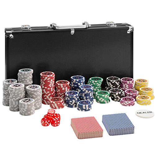 TecTake 402558 Maletín de Póker Aluminio con Fichas Láser Poker Chips, 300 Pieza, Incl. 5 Dados + 2 Barajas de Cartas + 1 Ficha de Dealer, Negro