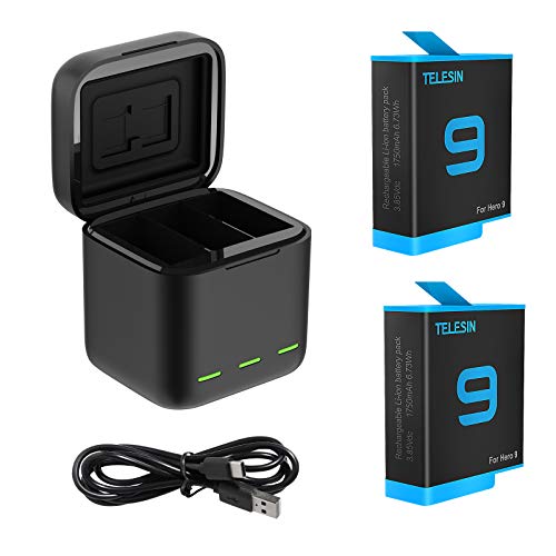 TELESIN Cargador triple y caja de almacenamiento de batería con cargador de 3 canales con 2 baterías recargables de iones de litio para GoPro Hero 9 Black (cargador + 2 baterías)