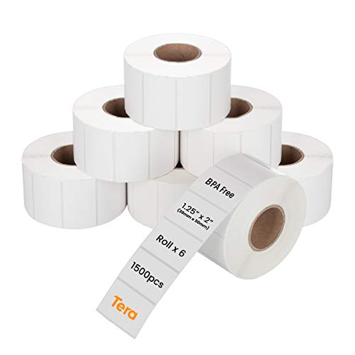 Tera 30mm x50mm Etiquetas de Dirección (1500 Etiquetas/Rollo, 6 Rollos) para Varias Impresoras Etiquetas de Impresión Sin Mancha BPA Etiquetas de Envío Térmico Adhesiva con Pegatinas de Signo