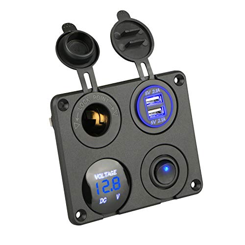 Thlevel Panel de Enchufes 4 en 1, con Doble Cargador USB y Voltímetro de LED y Encendedor de Cigarrillos y LED Azul Interruptor Thlevel Panel de Enchufes 4 en 1, con Doble Cargador USB y Voltímetro de LED y Encendedor de Cigarrillos y LED Azul Interruptor