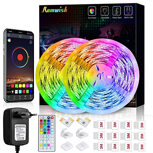 Tiras LED 10M, Romwish 5050 SMD RGB 300 LEDs con Control Remoto RF de 44 Botones & Control Bluetooth,para la Habitación, Dormitorio, fiestas, bares Tiras LED 10M, Romwish 5050 SMD RGB 300 LEDs con Control Remoto RF de 44 Botones & Control Bluetooth,para la Habitación, Dormitorio, fiestas, bares