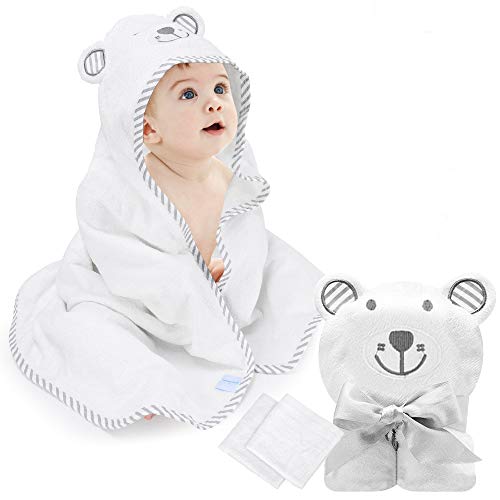 Toallas de Baño para Bebe Eccomum Toallas Bebe con Capucha, con 2 Toallita, Diseño de Oso, 100% Bambú, 90 x 90, Grande, Suave y Confortable, Extra Absorbente, Regalo Perfecto para Niños y Niñas