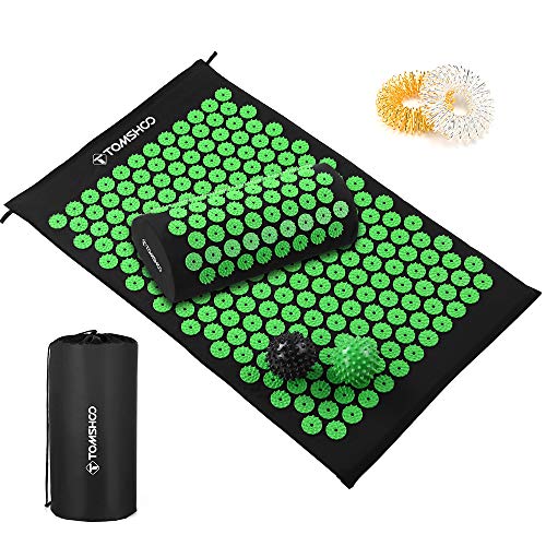 TOMSHOO Juego de Esterilla Masaje Acupresión/Almohada de Acupresión/2 Anillo Masaje Dedo/ 2 Bolas de Masaje, con Bolsa Alivia el Dolor de Espalda y Cuello y Relaja los Músculos (Negro y Verde)