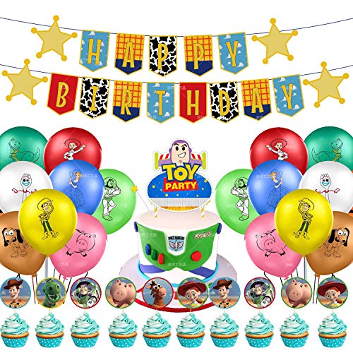Toy Story Decoración para Fiestas de Cumpleaños con Globos Banderín Feliz Cumpleaños Tarjetas de Tarta Adornos de Casa Bunting Banner Balloon Birthday Decorations Garland Set para Niños
