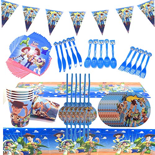 Toy Story Party Supplies Juego de decoración 82 Piezas Suministros de Fiesta Toy Story 3 Party Vajilla Paquetes Incluye Flatwares, Tazas, manteles, servilletas, pancartas para 10 niños