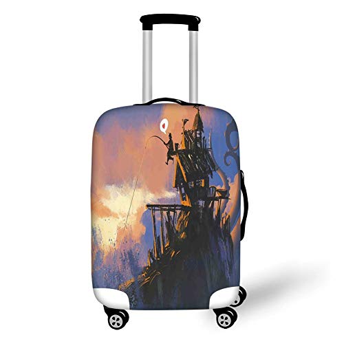 Travel Luggage Cover Suitcase Protector,Fantasy Art House Decor,Fisherman Sitting on The Castle Standing Over Rocky Cliffs Haunted Paint,Multi，for Travel,L