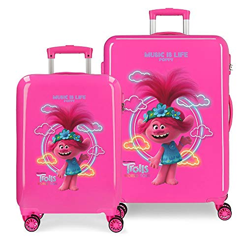 Trolls Music is Life Juego de Maletas Rosa 55/68 cms Rígida ABS Cierre combinación 104L 4 Ruedas Dobles Equipaje de Mano