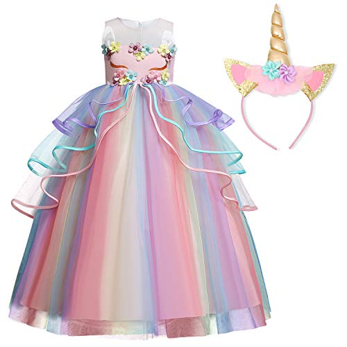 TTYAOVO Chicas Unicornio Fancy Vestido Princesa Flor Desfile de Niños Vestidos sin Mangas Volantes Vestido de Fiesta Talla(130) 5-6 años 719 Rosa