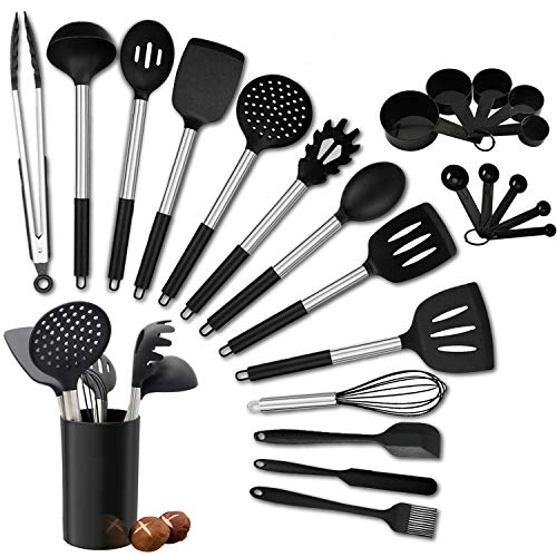 Utensilios de Cocina de Silicona, 24 Piezas Juego de Utensilios de Cocina antiadherentes con Mango de Acero Inoxidable, resistentes al Calor, Incluyendo Espátula, Espumadera, Cucharón, ect.