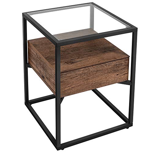 VASAGLE Mesa Auxiliar de Estilo Industrial, Mesa de Consola de Cristal Templado con Cajón y Repisa Rústica, Mesita de Noche, Decoración en el Salón, Marco de Acero, Marrón Avellana y Negro LET004G01