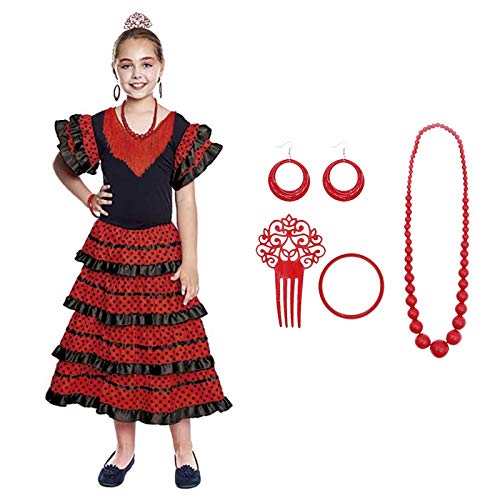 Vestido Sevillanas Niña Accesorios Flamenca Peineta Collar Pulsera Pendientes Negro【Tallas Infantiles de 1 a 15 años】[10-12 años] Disfraz Sevillana Traje Flamenca Volantes Feria Abril Sevilla Baile