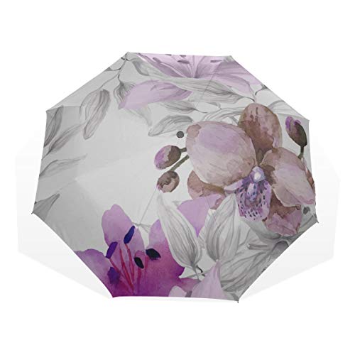 Viaje Paraguas Orquídea Flor Acuarela Pintura Anti UV Compacto 3 Fold Art Ligero Paraguas Plegables (impresión Exterior) Lluvia a Prueba de Viento Paraguas de protección Solar para Mujeres Niñas niño