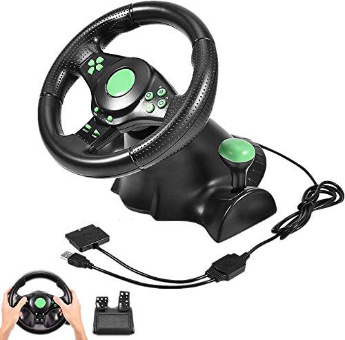 Volante de carreras, volantes simulador de carreras con 2 pedales Evaluación de la vibración, Rotación de anillo de mango antideslizante, 180 ° Ángulo de rotación, conveniente para PS2 PS3 / PC,Verde