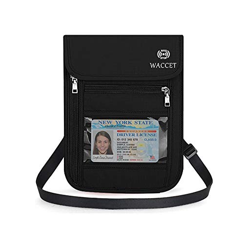 WACCET Portadocumentos de Cuello Protección RFID Portadocumentos de Viaje Unisex con Bolsillos de Cremallera, Colgante Cartera de Viaje para Documentos Tarjetas de Crédito Monedas (Negro)