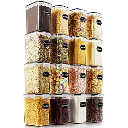 Wildone Recipientes herméticos para almacenamiento de alimentos cereales y alimentos secos, juego de 16 [54oz/1.6L] para azúcar, harina y hornear, a prueba de fugas y sin BPA