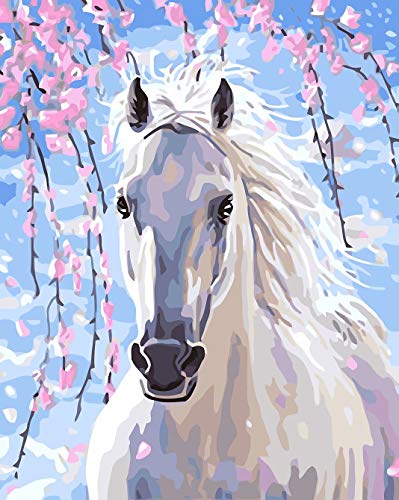 WISKALON DIY pintura al óleo Caballo Blanco, Pintar por Numeros para Adultos y principiantes pintura por números con Pinceles y Pinturas Sin Marco 16 * 20 Pulgadas