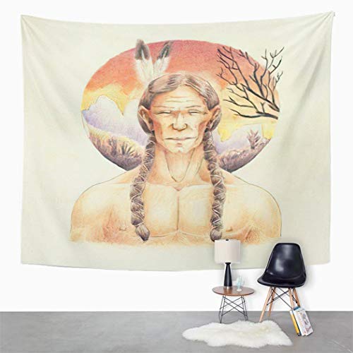 Y·JIANG Tapiz antiguo, un indio sioux inspirado en trenzas de toro sentado en su pecho, tapiz decorativo grande, manta para colgar en la pared para sala de estar, dormitorio, 152,4 x 127 cm