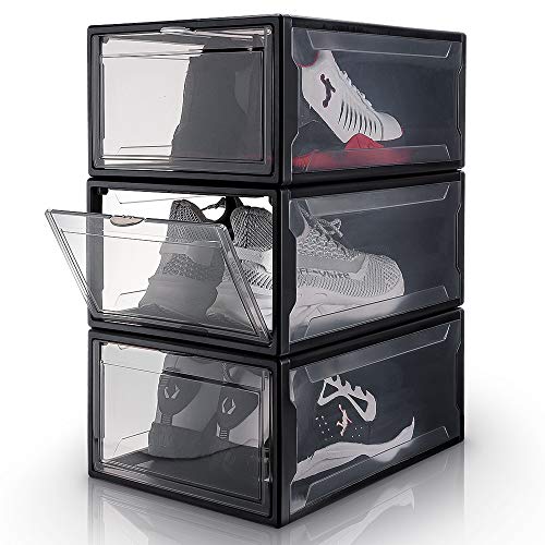 Yorbay Cajas de Zapatos Transparente Plástico Negro, 3 Set apilables y Plegables, Organización de Hogar, Oficina