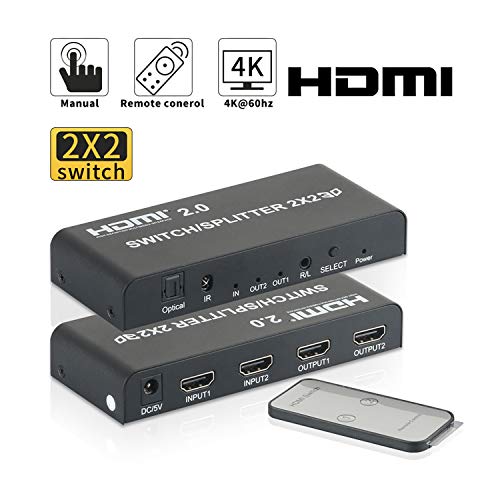 YOUTINGHDAV 2x2 HDMI 2.0 Switch Splitter Extracto de Audio 4k@60hz HDCP2.2 RGB YCbCr 4: 4: 4 2 Entrada x 2 Salida Mando a Distancia para PS4 PS3 Xbox Nintendo Switch Chromecast BLU-Ray PC TV