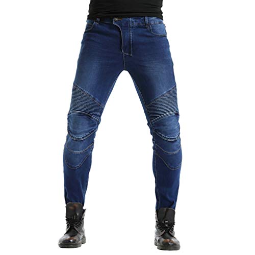 YuanDiann Hombre Mujer Jeans De Moto Impermeable Pantalon Vaqueros De Moto Mezclilla A Prueba De Lluvia Proteccion Pantalon con 2 Protectores Rodilla y 2 Protectores Cadera Azul 35W / 42L
