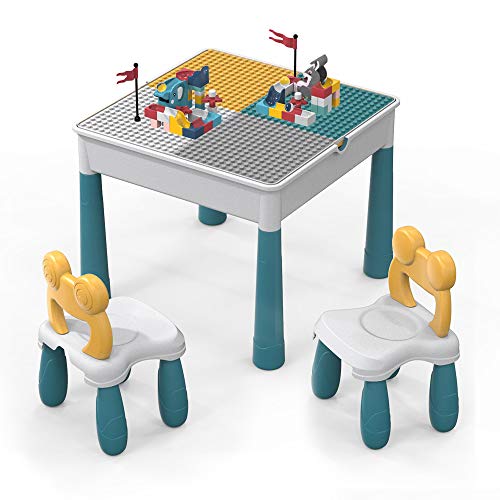 ZhanXiang Juegos de Mesa y sillas niños, Juguete de construcción de Ladrillos Grandes de 90pcs.Mesa de Juego/Mesa de Aprendizaje 5 en 1 Incluye 2 sillas y Mesa de Bloques de construcción