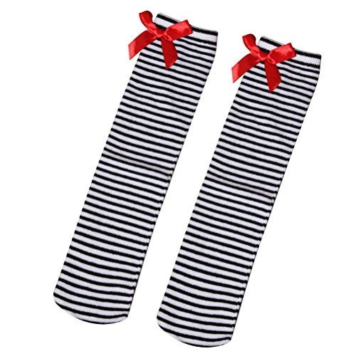 1 par de calcetines altos para niñas Medias de rayas a la rodilla con lazo precioso Encaje Medias altas hasta la rodilla Muslo Tamaño libre para niños de 1 a 8 años (blanco y negro)