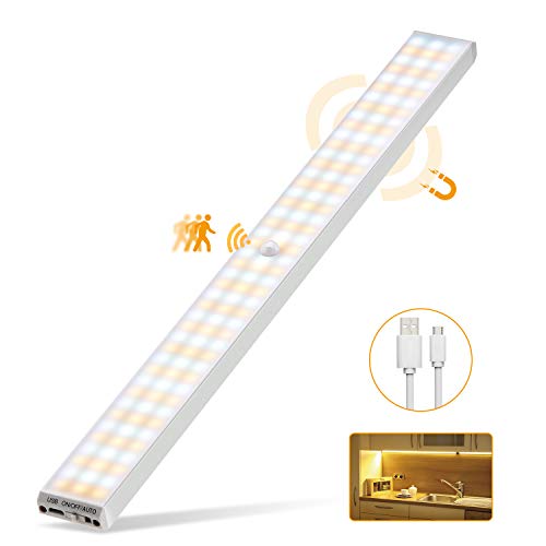 132 LED Luz Armario, 3 Modos 2500mAh USB Recargable Luz Noche con Sensor Movimiento Lámpara Nocturna Inalámbrica Portátil con Tira Magnética para Armario, Cocina, Baño, Gabinete, Pasillo, Escalera